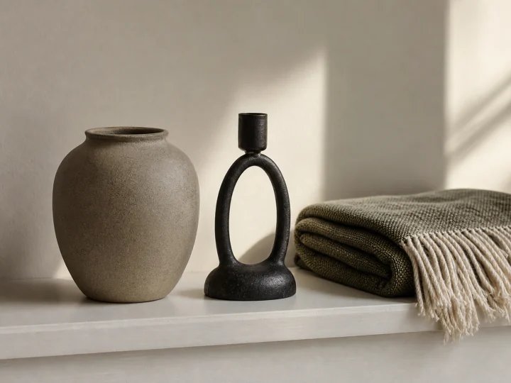 Simple matte ceramic vessel, black metal candleholder, and folded woven throw