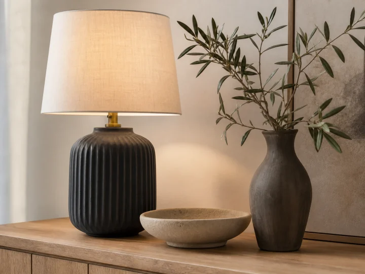 Matte ceramic lamp, stone-look bowl, and textured vase on a wood console