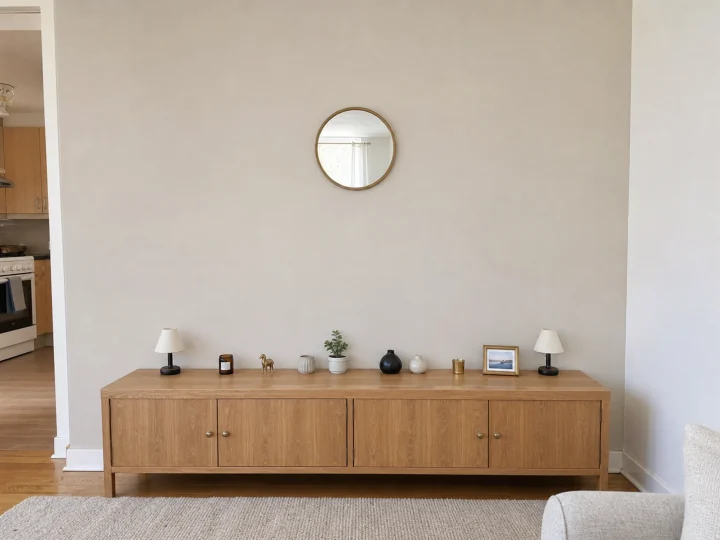 Tiny round mirror, small lamps, and many miniature objects spread across a wide sideboard