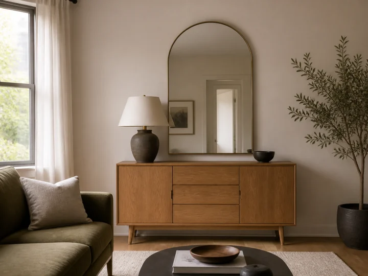 Large arched mirror and substantial lamp correctly scaled above a wood sideboard
