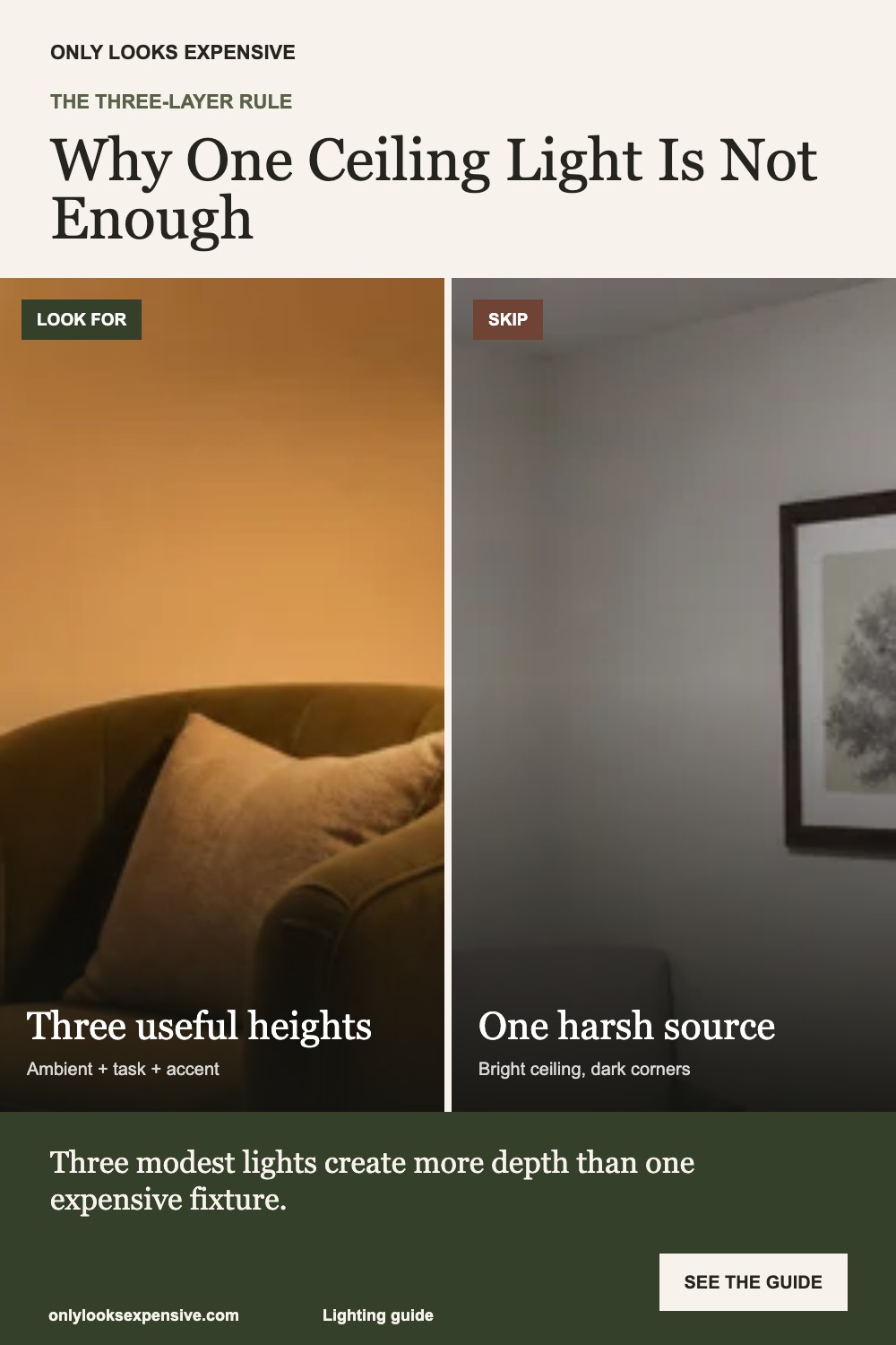 Three layer lighting rule for an expensive-looking room