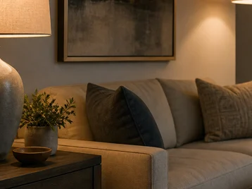 Substantial ceramic table lamp and properly sized floor lamp balancing a normal sofa