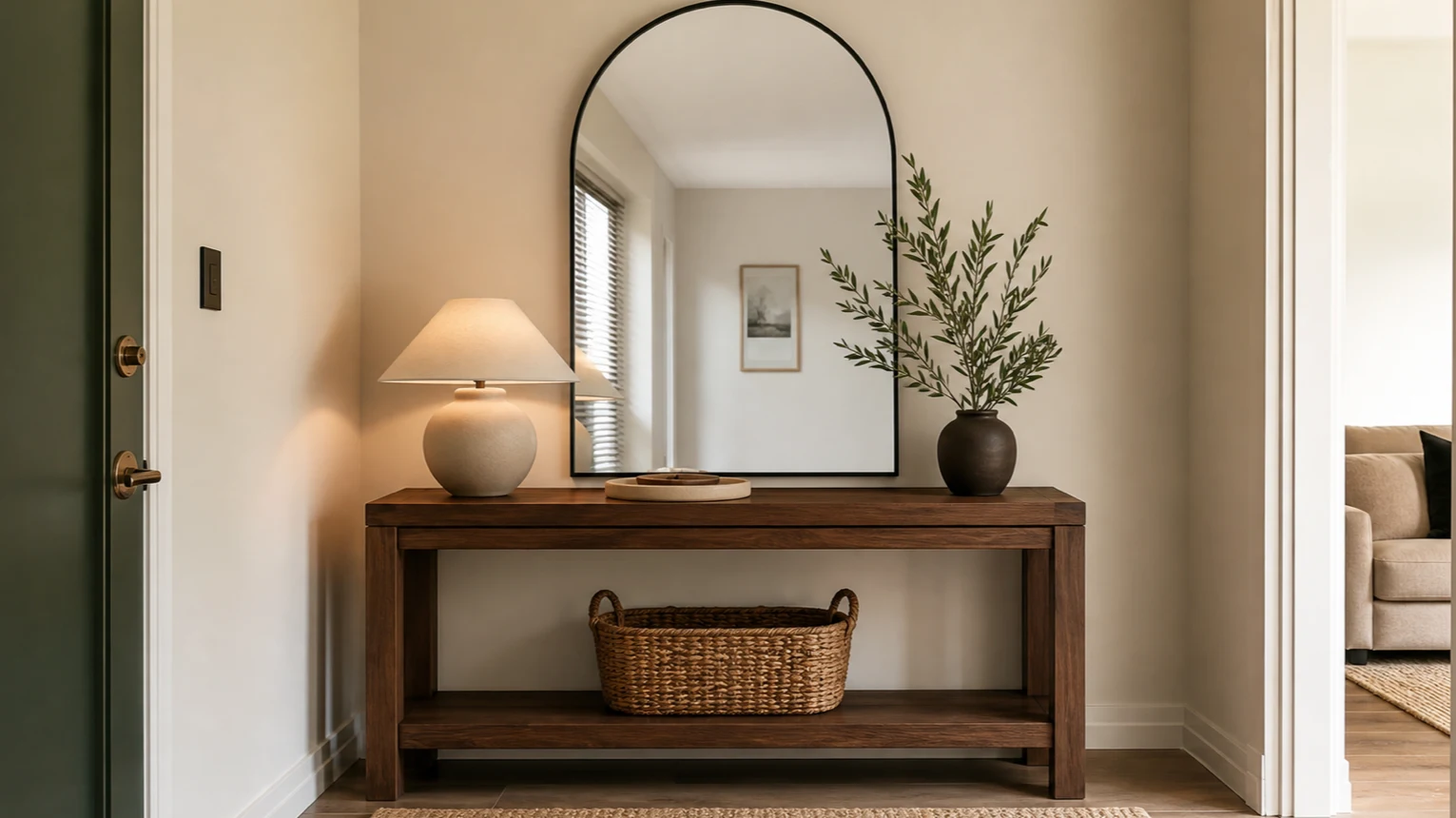 Attainable apartment entryway with a large thin-frame arched mirror, walnut console, matte lamp, catchall tray, olive branch, and woven basket
