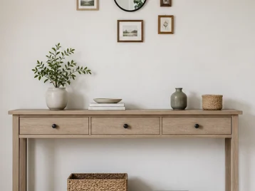 Tiny round mirror hung too high above a wide console with scattered miniature frames