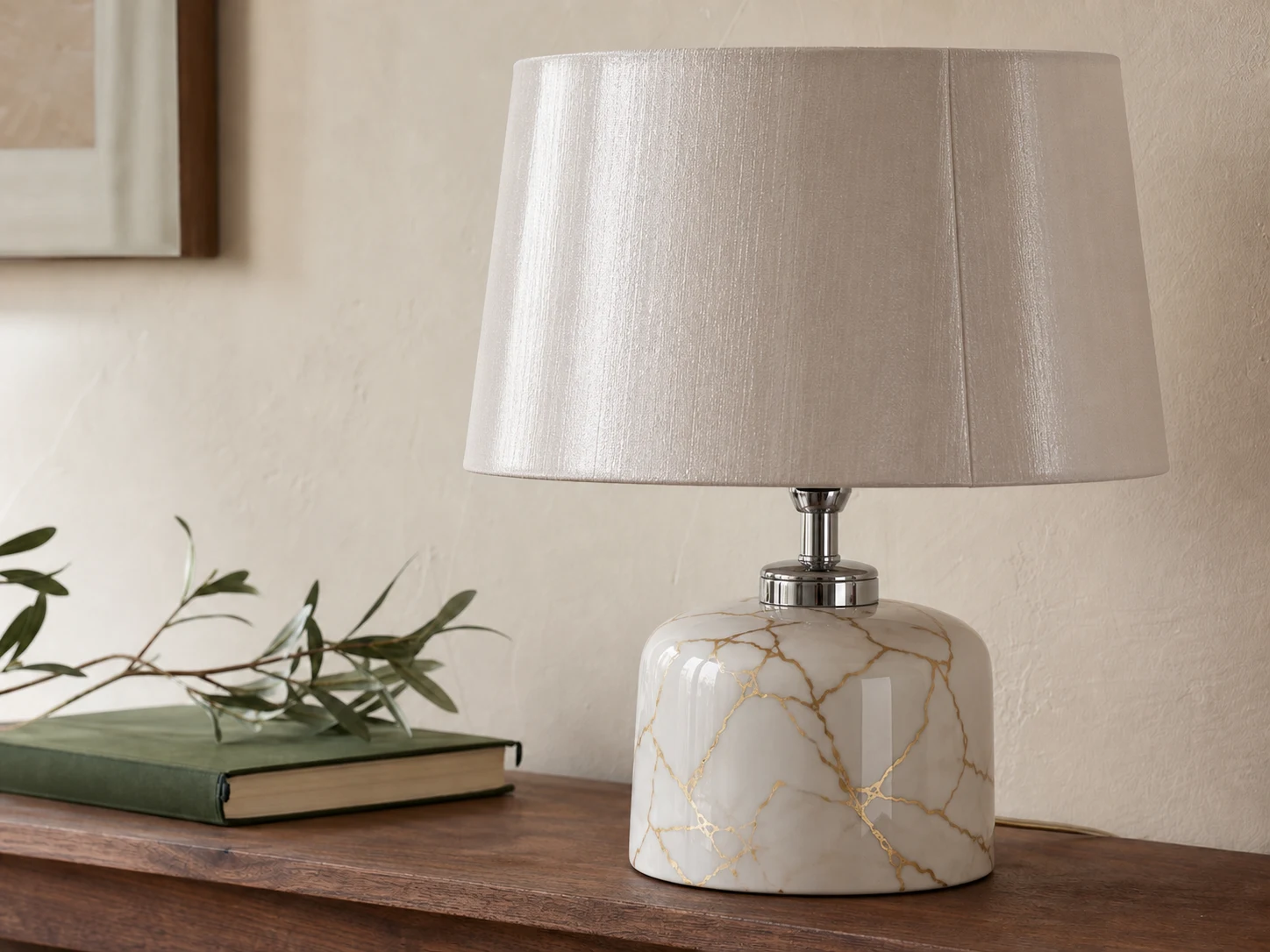 Glossy faux-marble lamp with bright chrome hardware and shiny synthetic shade