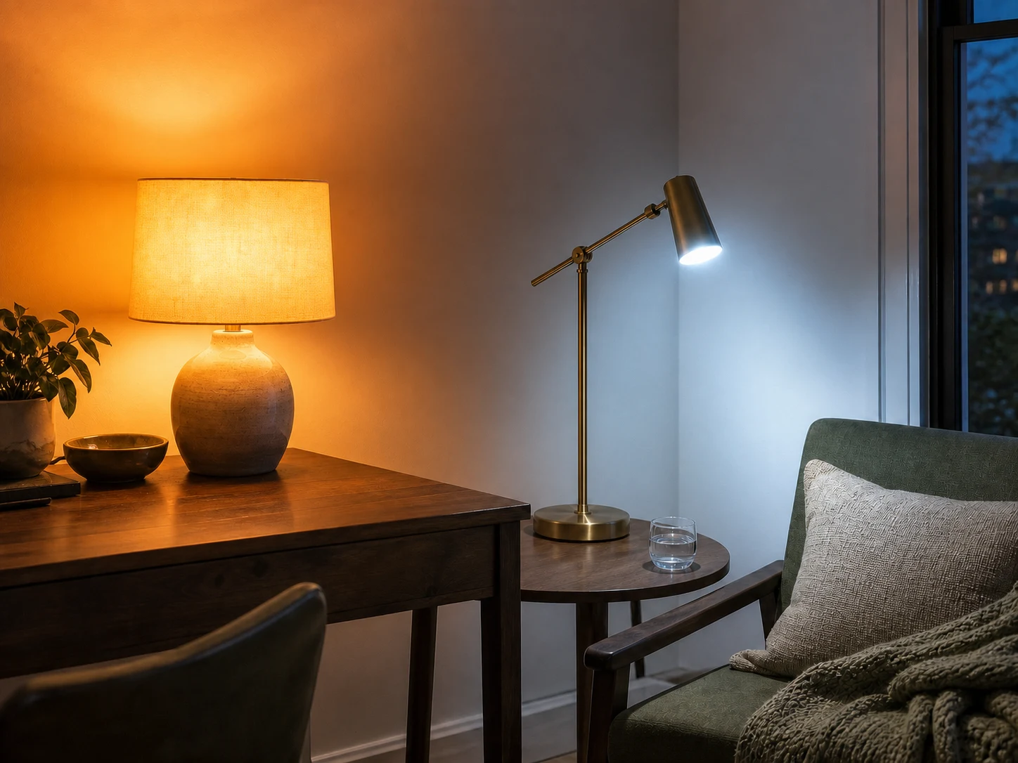 One overly orange lamp beside one harsh blue-white task lamp