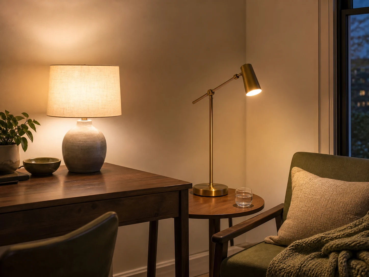 Ceramic lamp and brass task lamp creating consistent warm-white pools