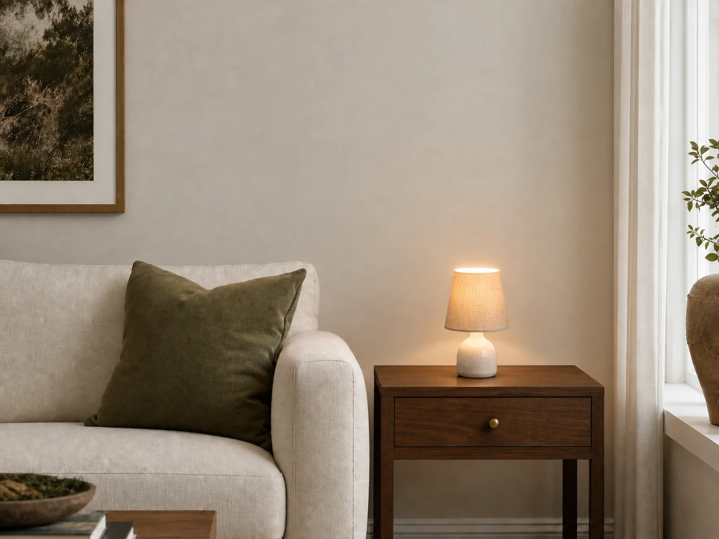 Tiny table lamp lost on a broad side table beside a sofa