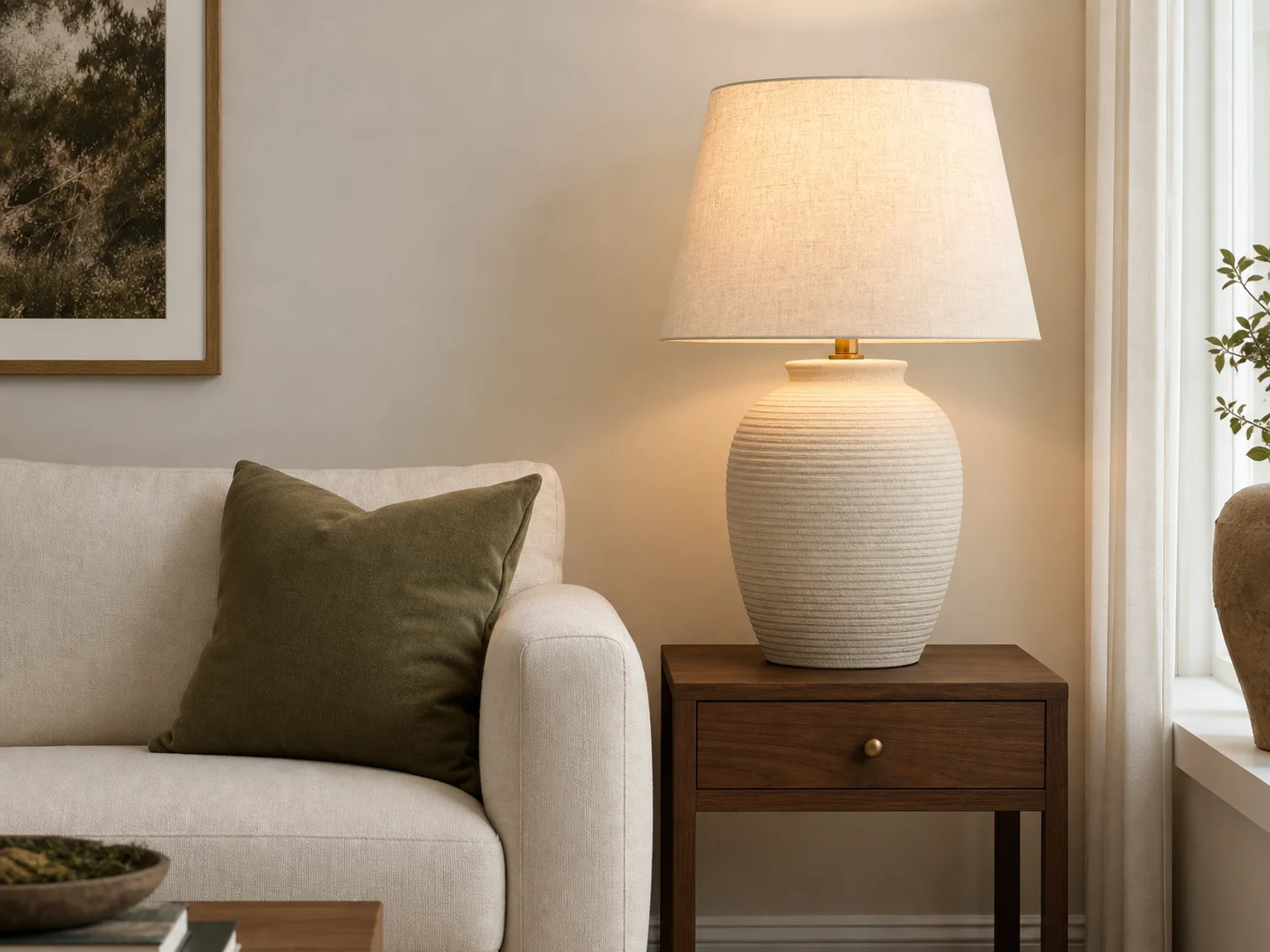 Substantial ceramic table lamp correctly scaled beside a cream sofa