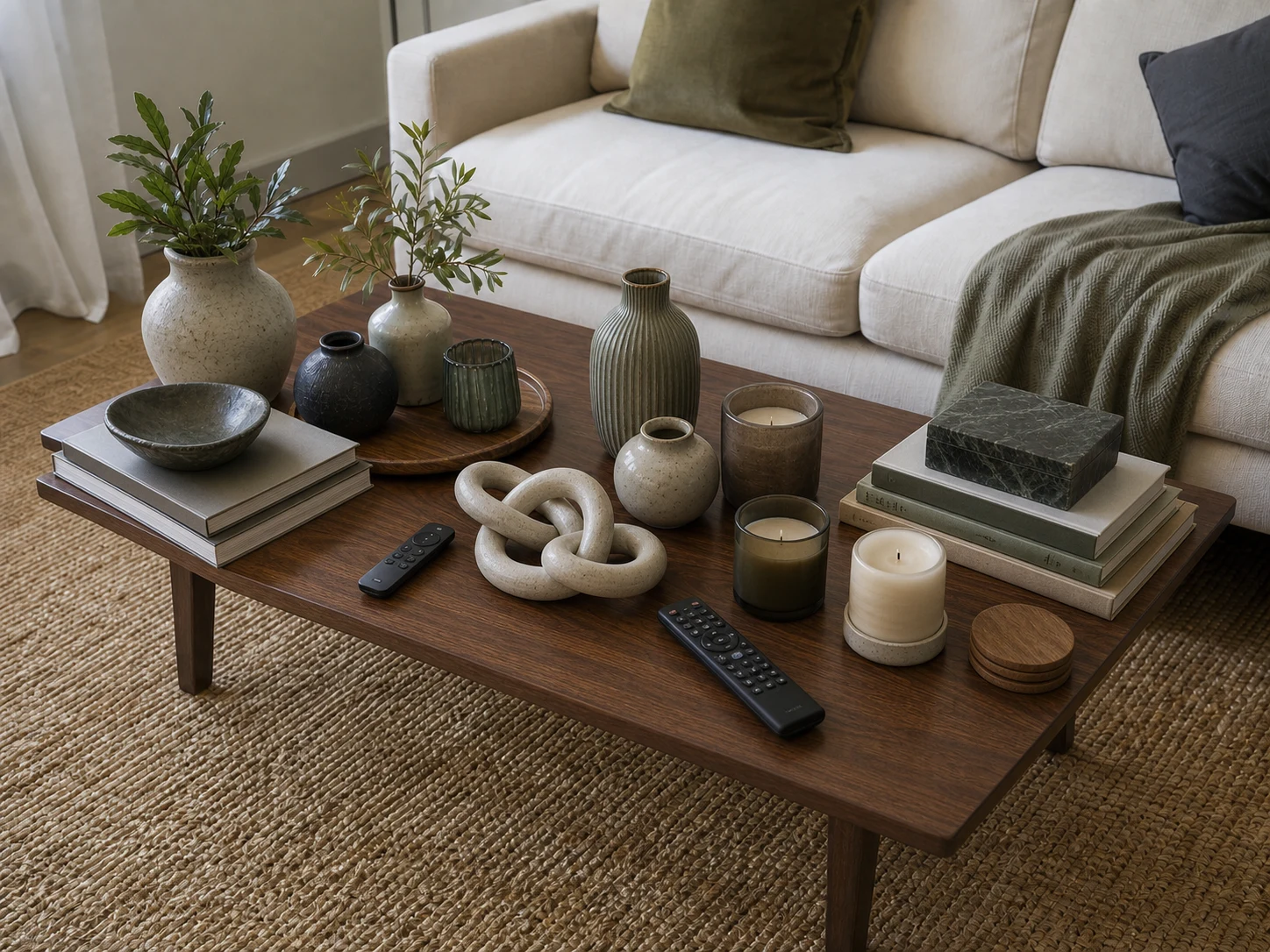 Coffee table completely filled with vases, books, candles, sculpture, remotes, and coasters