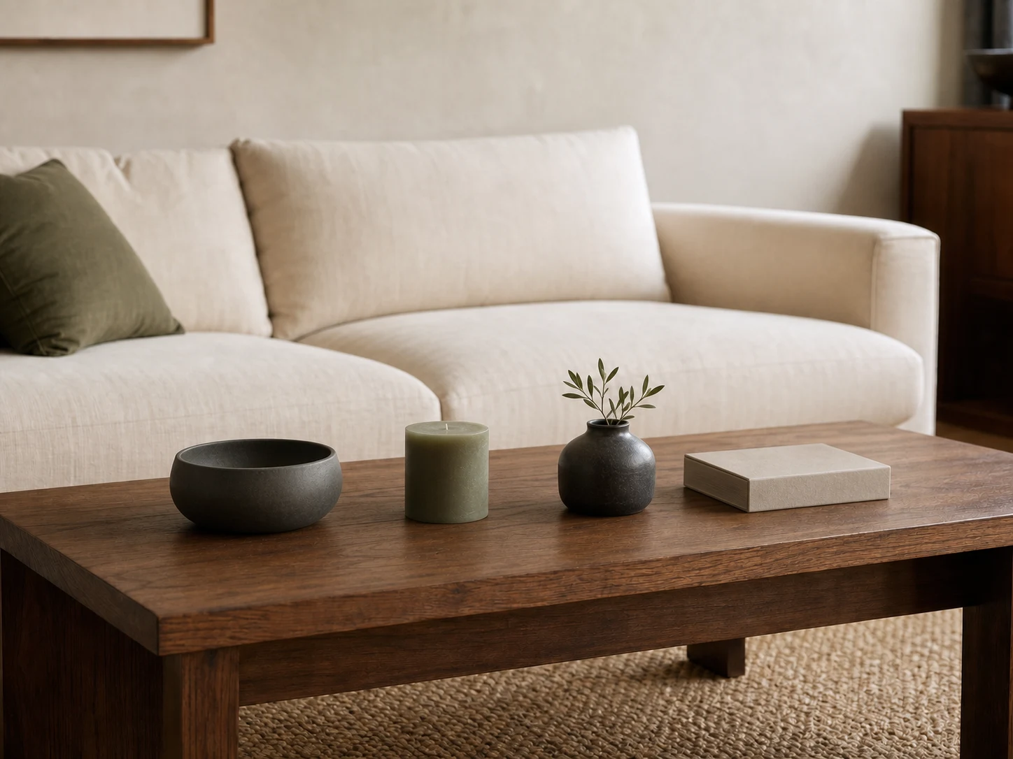 Bowl, candle, short vase, and book aligned at nearly the same height