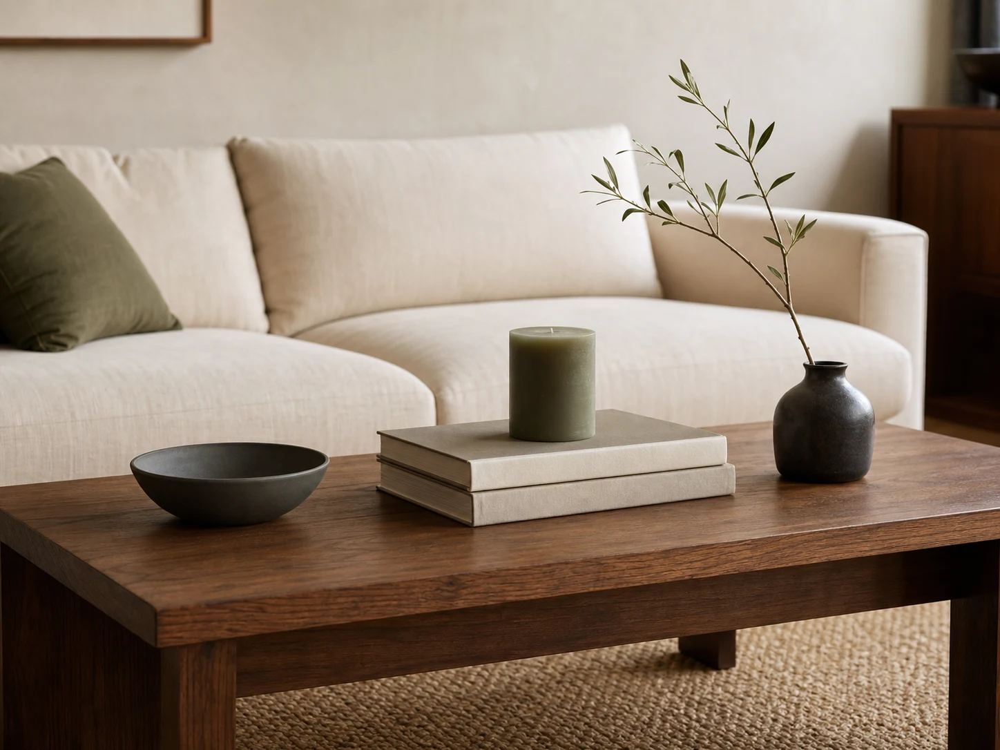 Low bowl, medium book stack and candle, and tall slim branch forming three heights