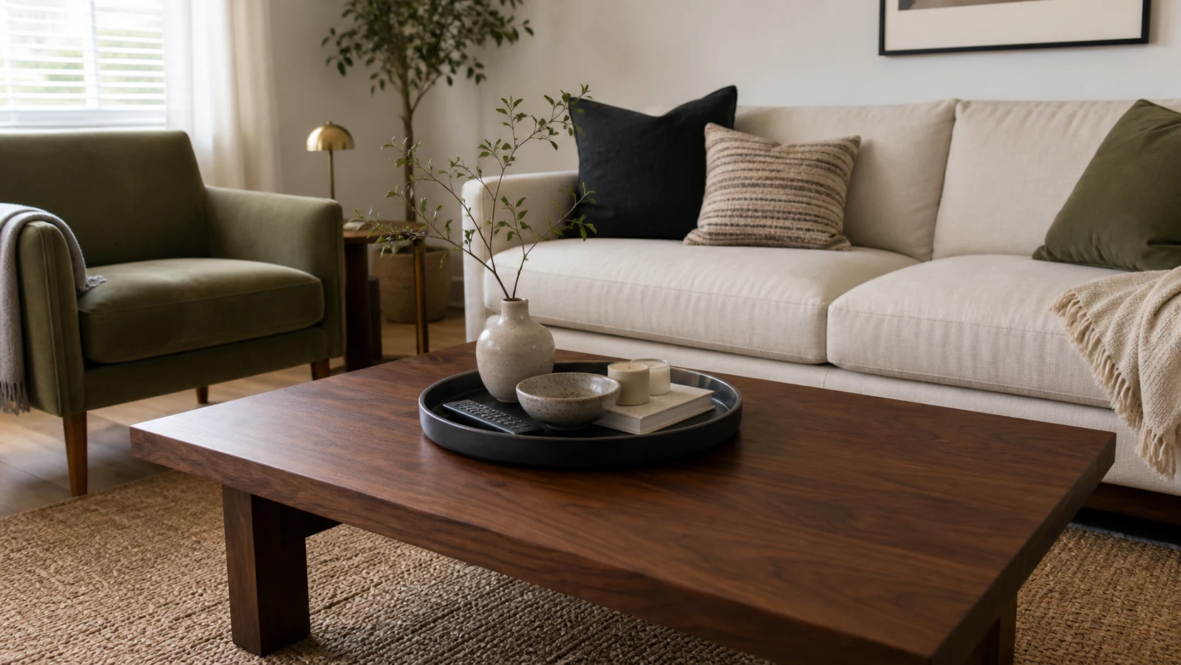 Walnut coffee table with a grouped tray, books, bowl, candle, slim branch, and generous clear surface in a normal apartment