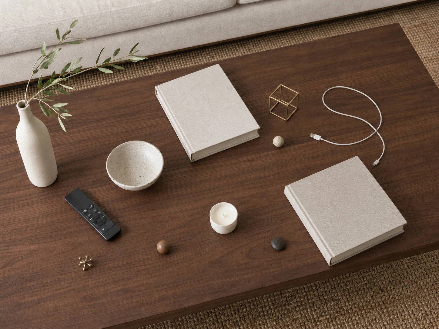 Books, bowl, remote, cable, and small trinkets scattered across a coffee table
