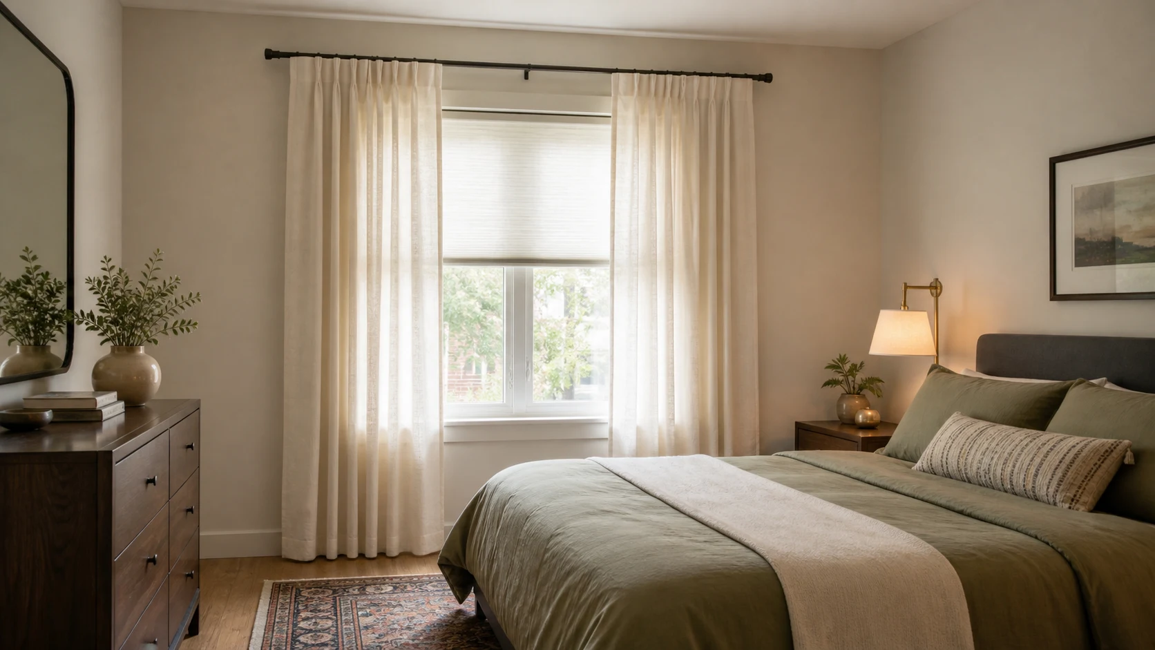 Normal rental bedroom with full linen-look curtains hung above and wider than the window, floor-skimming hems, cordless shade, olive bedding, and walnut furniture