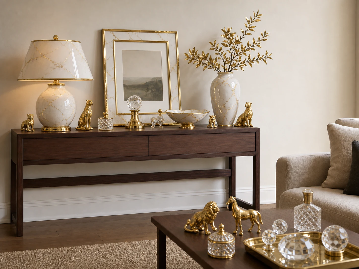 Console and coffee table crowded with matching glossy faux-marble, gold, crystal, and figurines