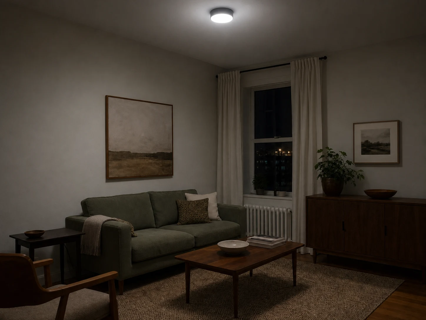 Living room lit only by one cold ceiling light with dark lower corners