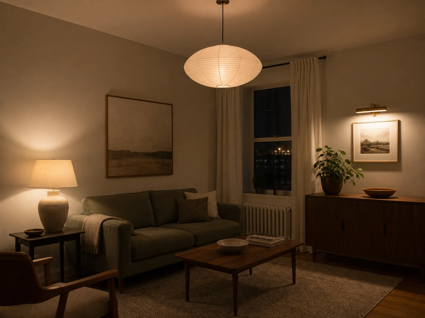 Living room with warm pendant, table lamp, and picture light at three heights