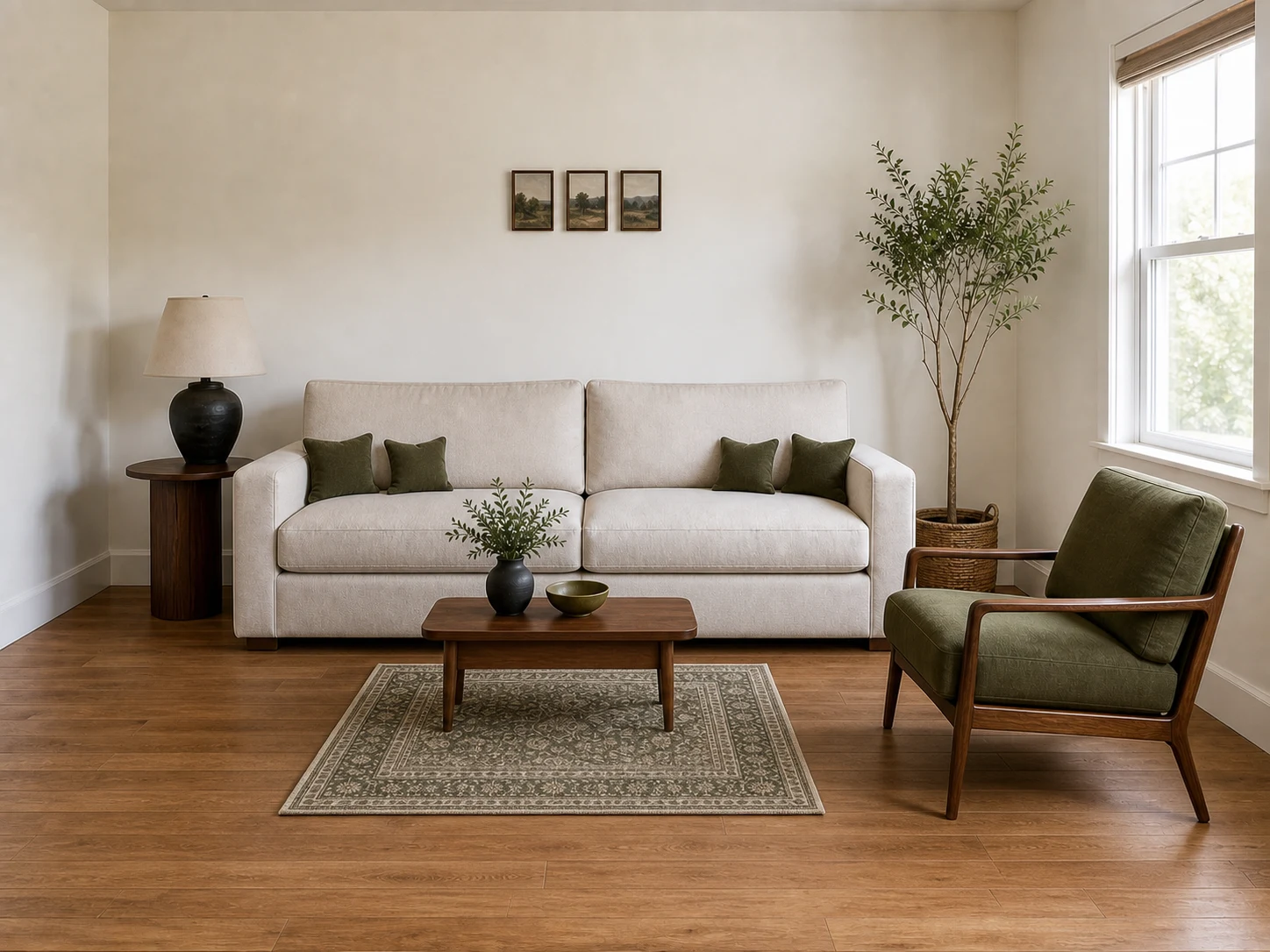 Living room with tiny floating rug, miniature art, small table, and tiny pillows