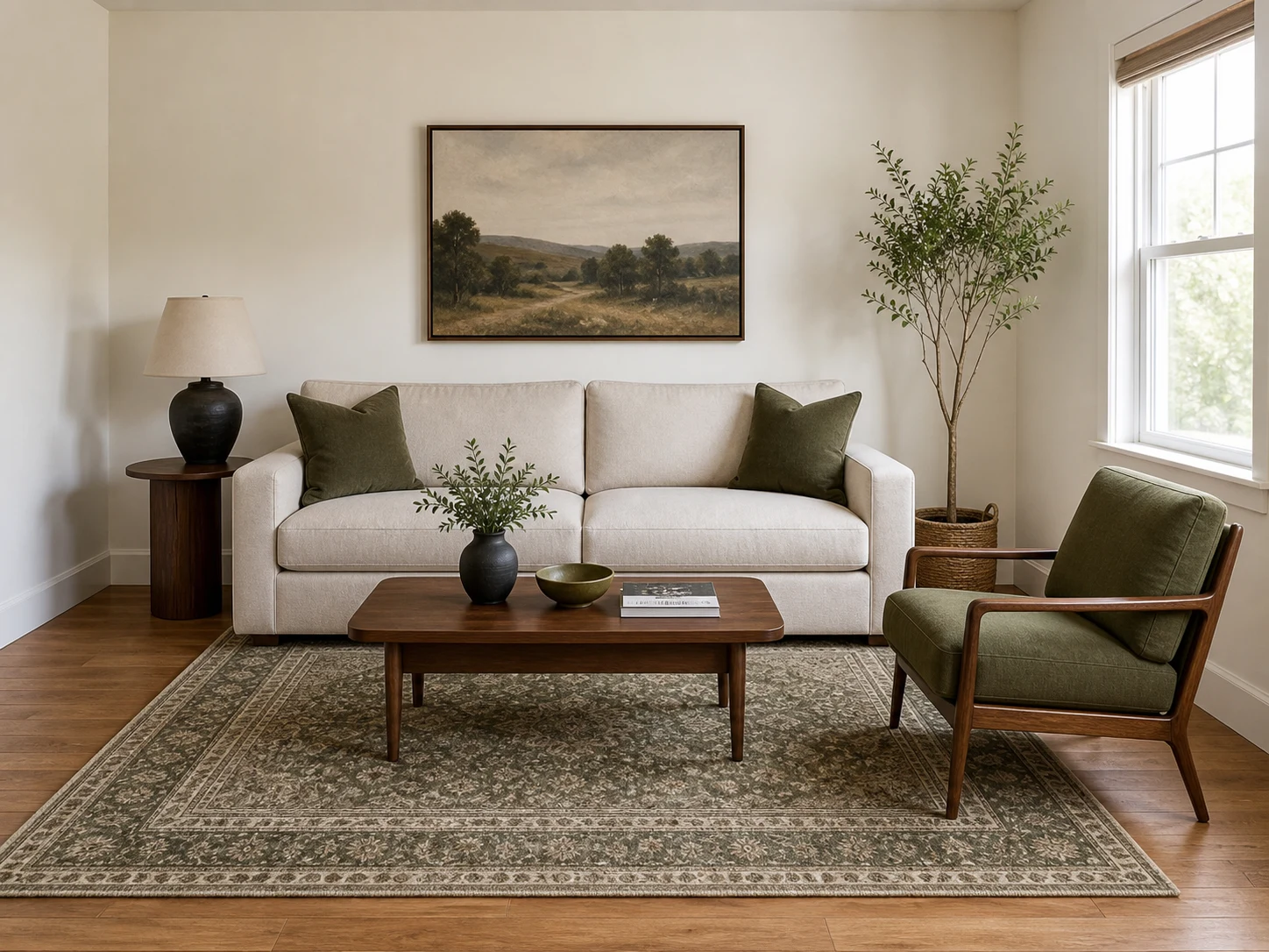 Living room with seating connected by a large rug, broad art, and correctly scaled table