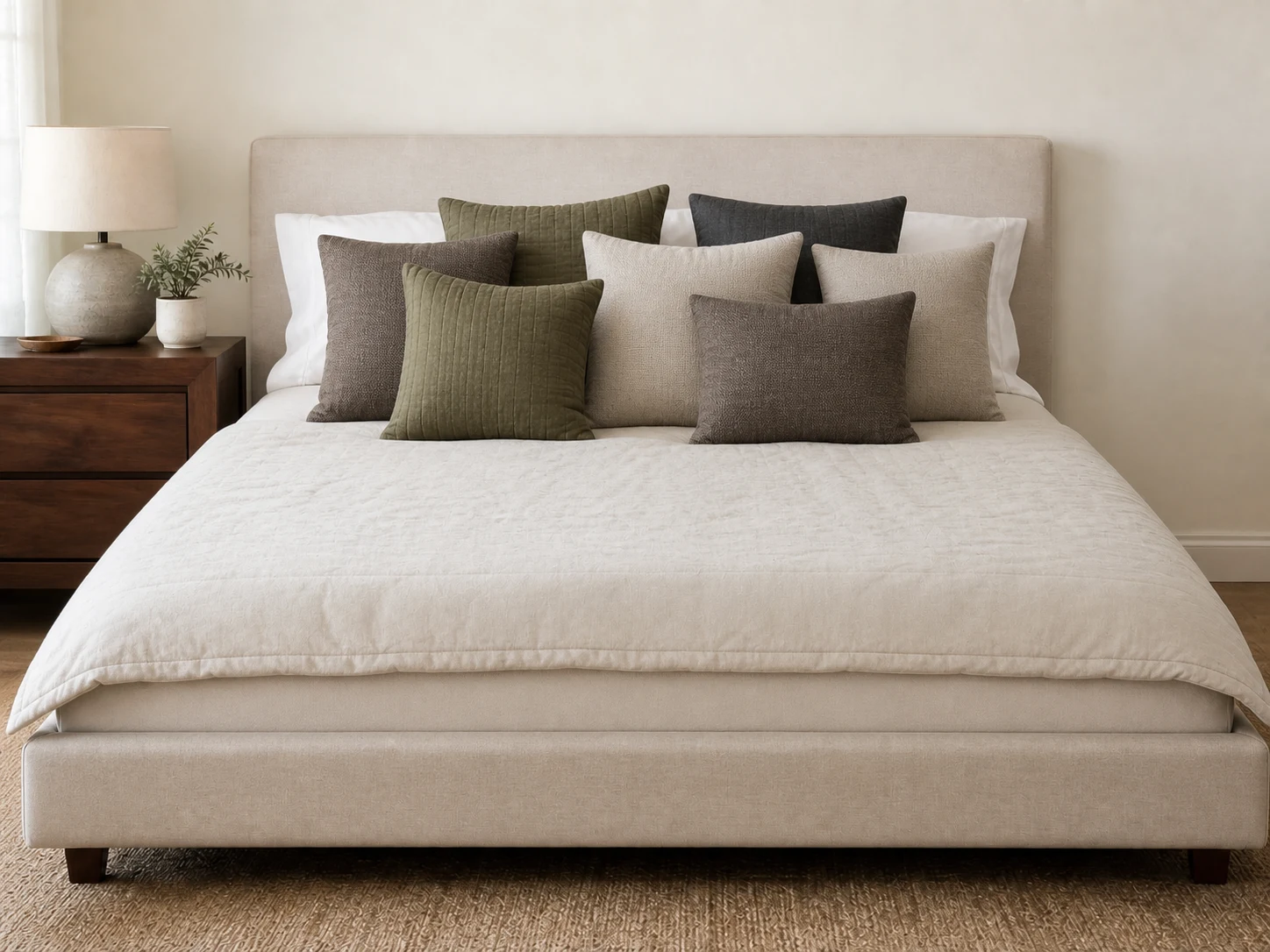 Queen bed with undersized comforter and eight small mismatched decorative pillows