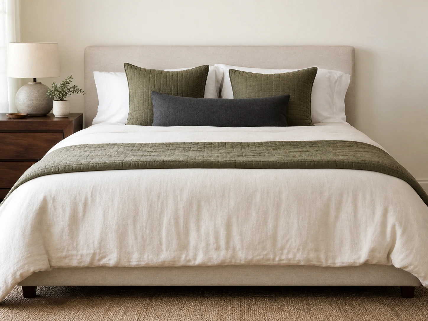 Queen bed with wide cream duvet, two sleeping pillows, two large olive shams, lumbar, and folded quilt