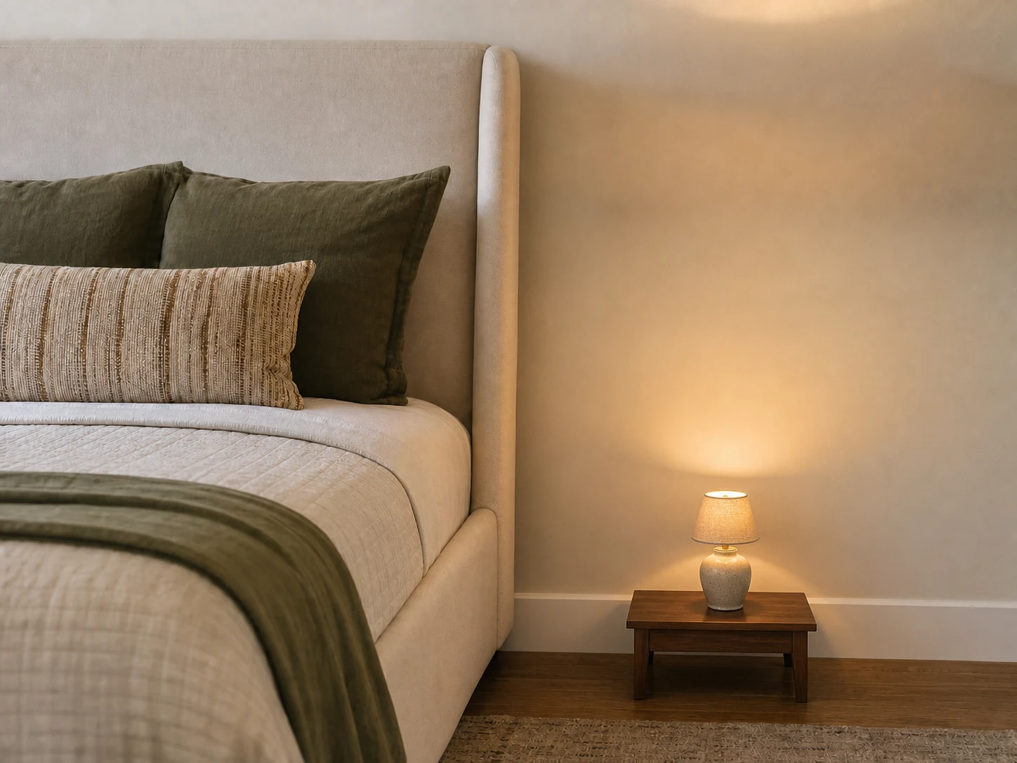 Tiny low nightstand and miniature lamp far below mattress height
