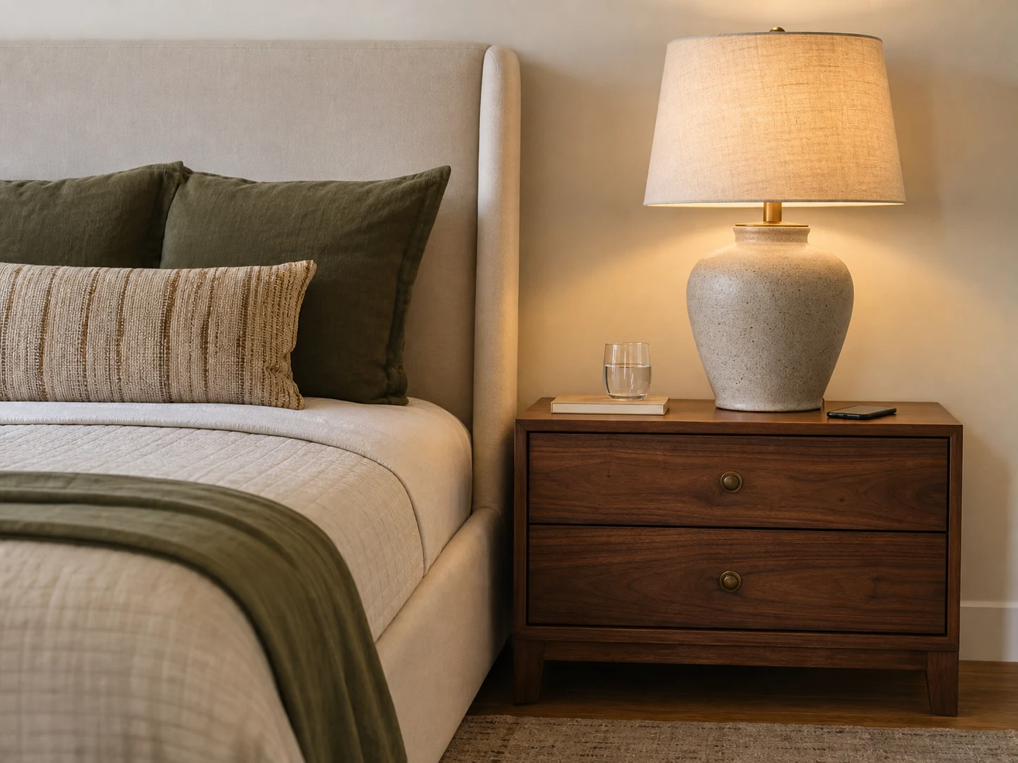 Nightstand close to mattress height with a substantial ceramic reading lamp and clear usable surface