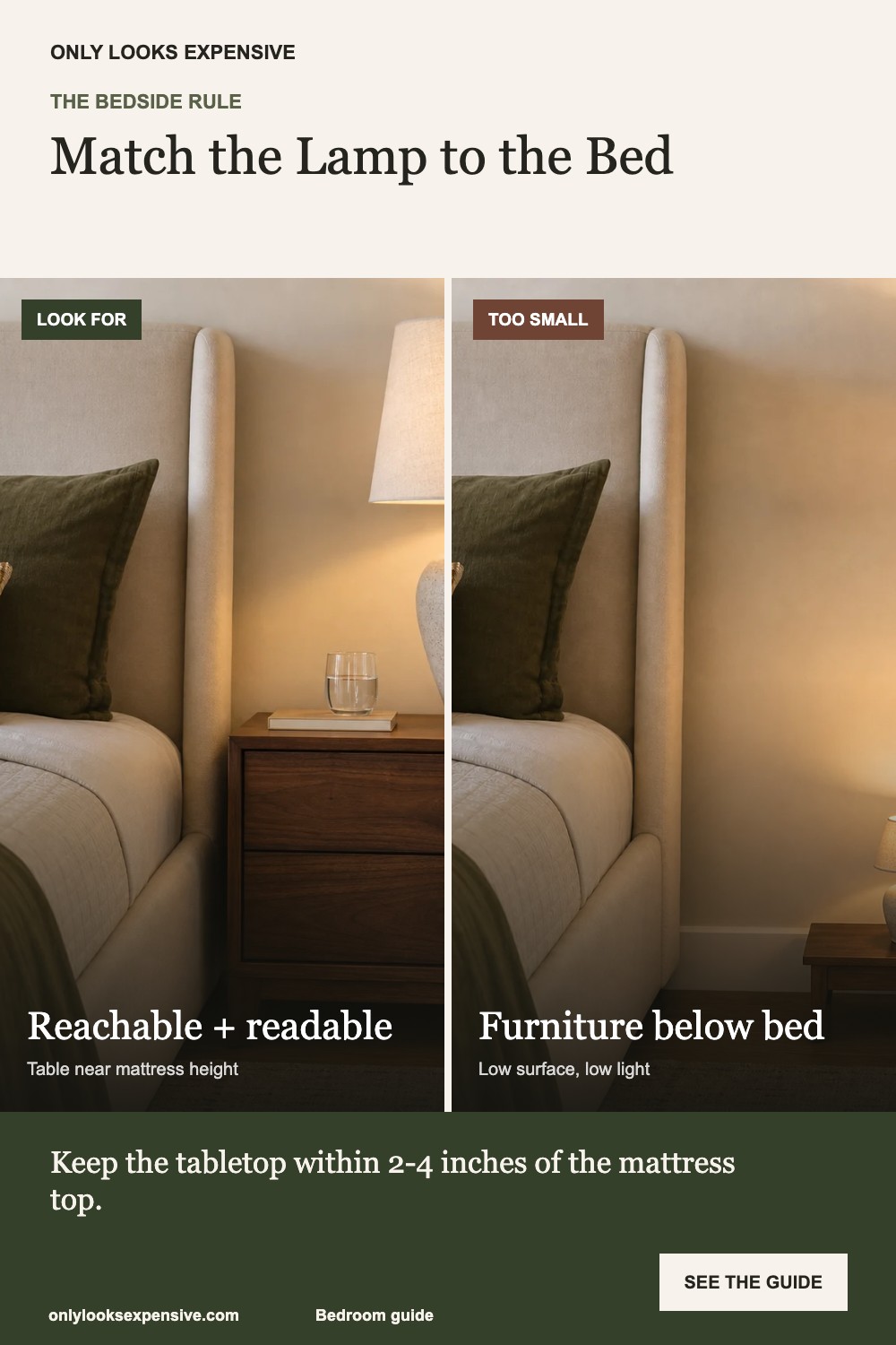 Correct bedside table and lamp scale versus tiny low furniture
