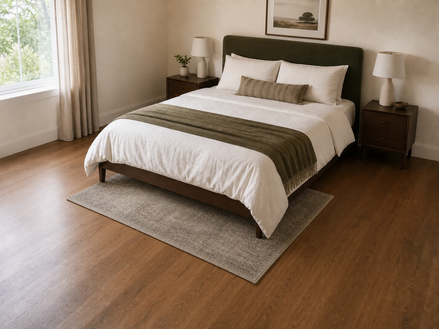 Small rug floating only beneath the foot of a queen bed