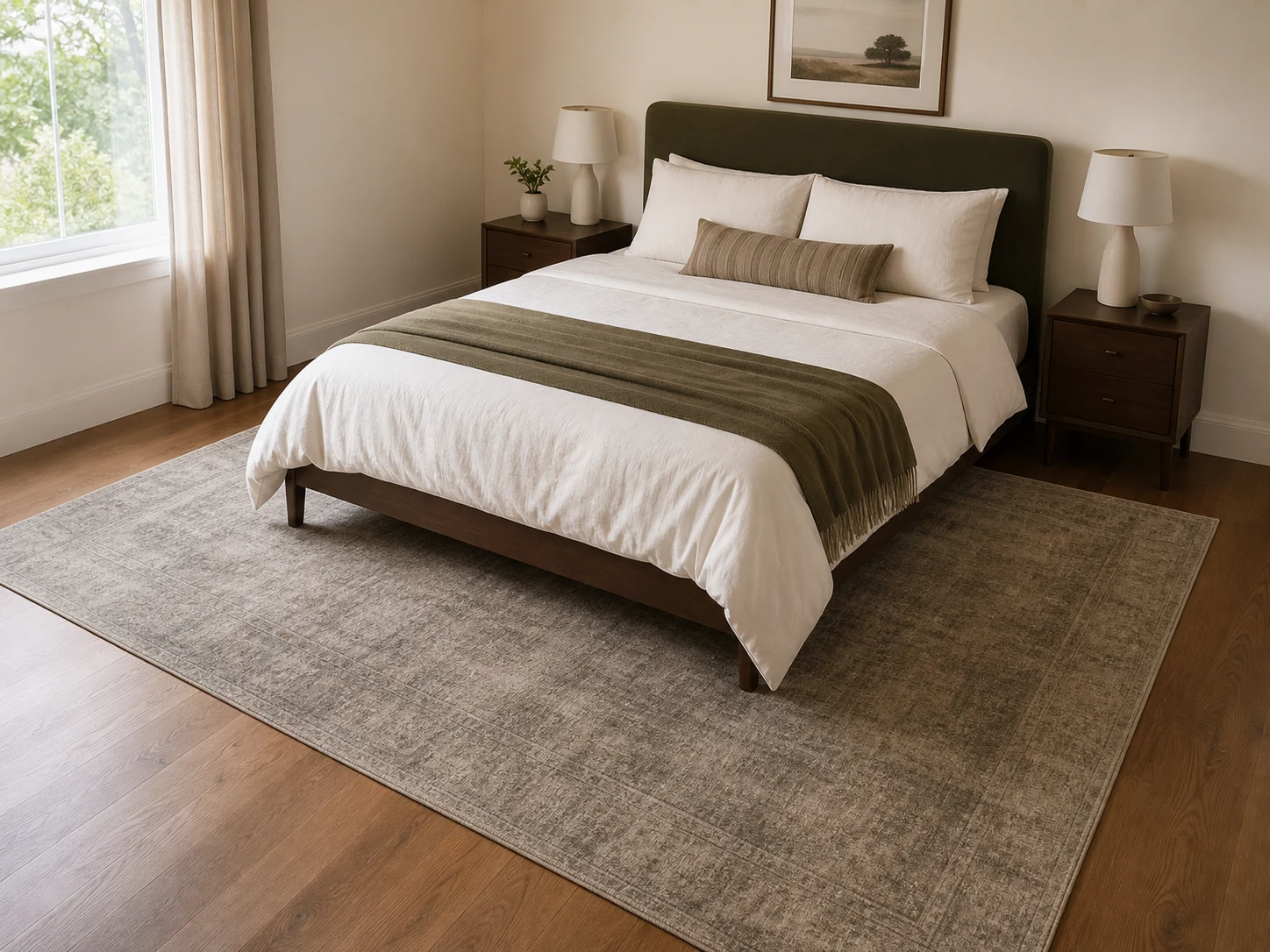 Queen bed on an 8x10 rug extending beyond both sides and foot