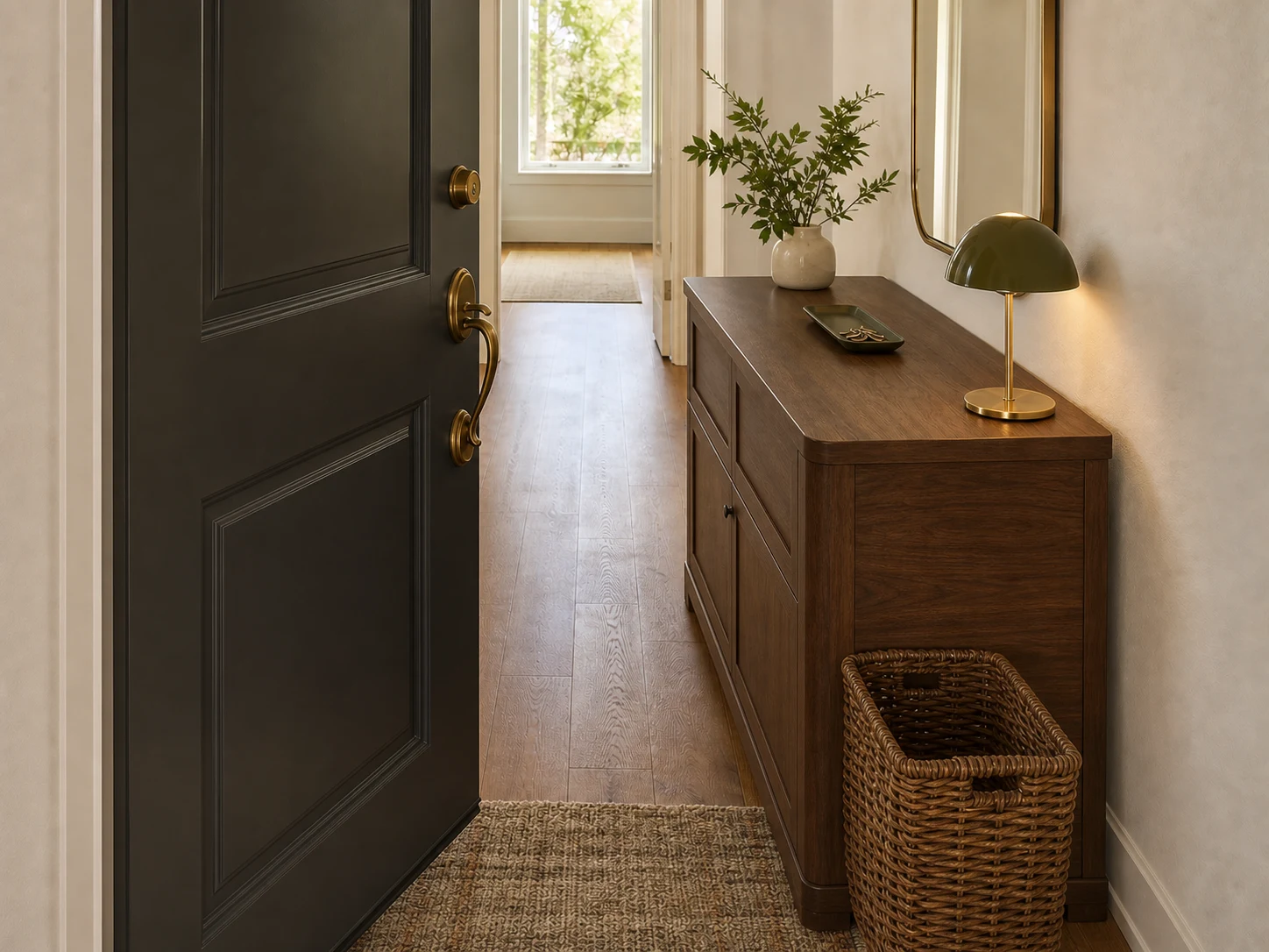Deep entry cabinet and protruding basket narrowing the path beside an open door