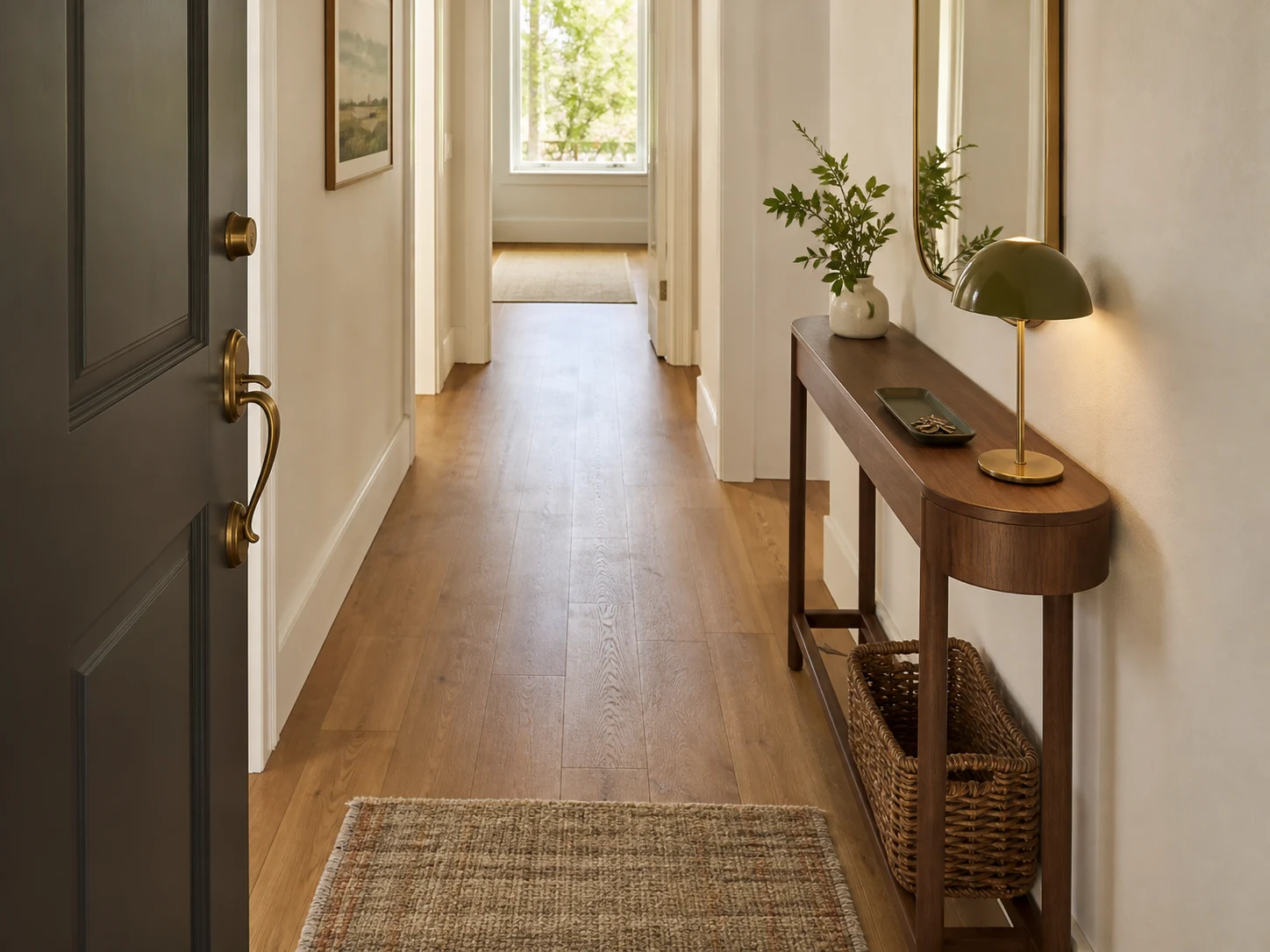Shallow console beside a fully opening entry door with a broad clear hallway