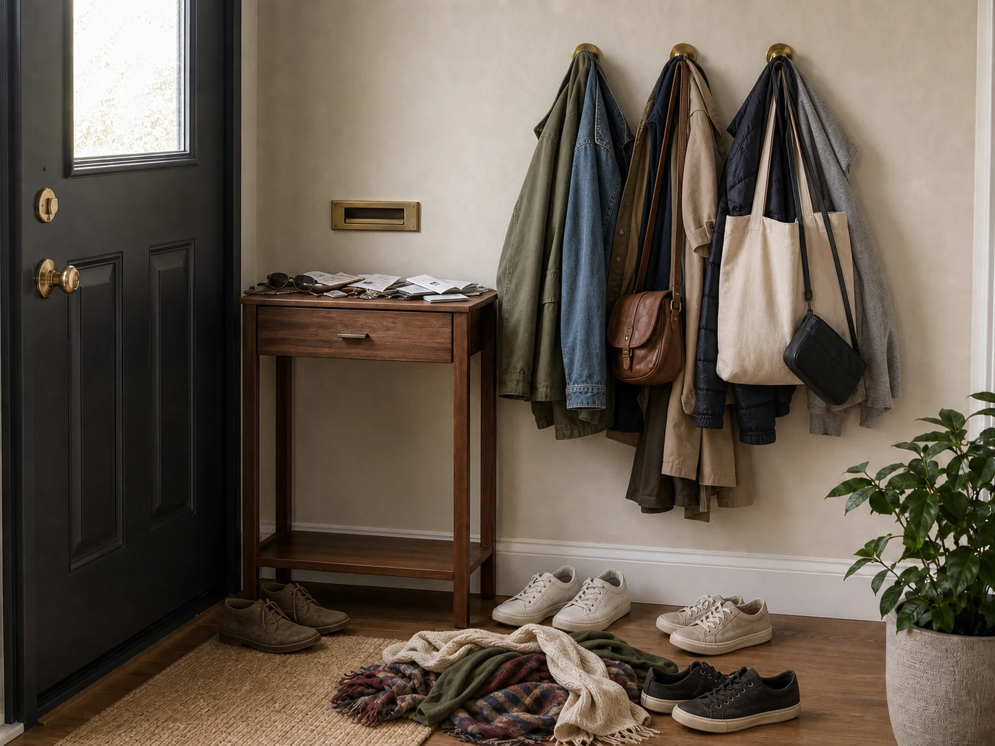 Entryway with overloaded hooks, scattered mail, shoes, bags, and scarves blocking the floor