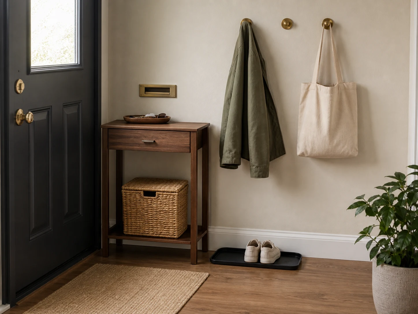 Entryway with tray, closed basket, limited hooks, and one pair of shoes on a tray
