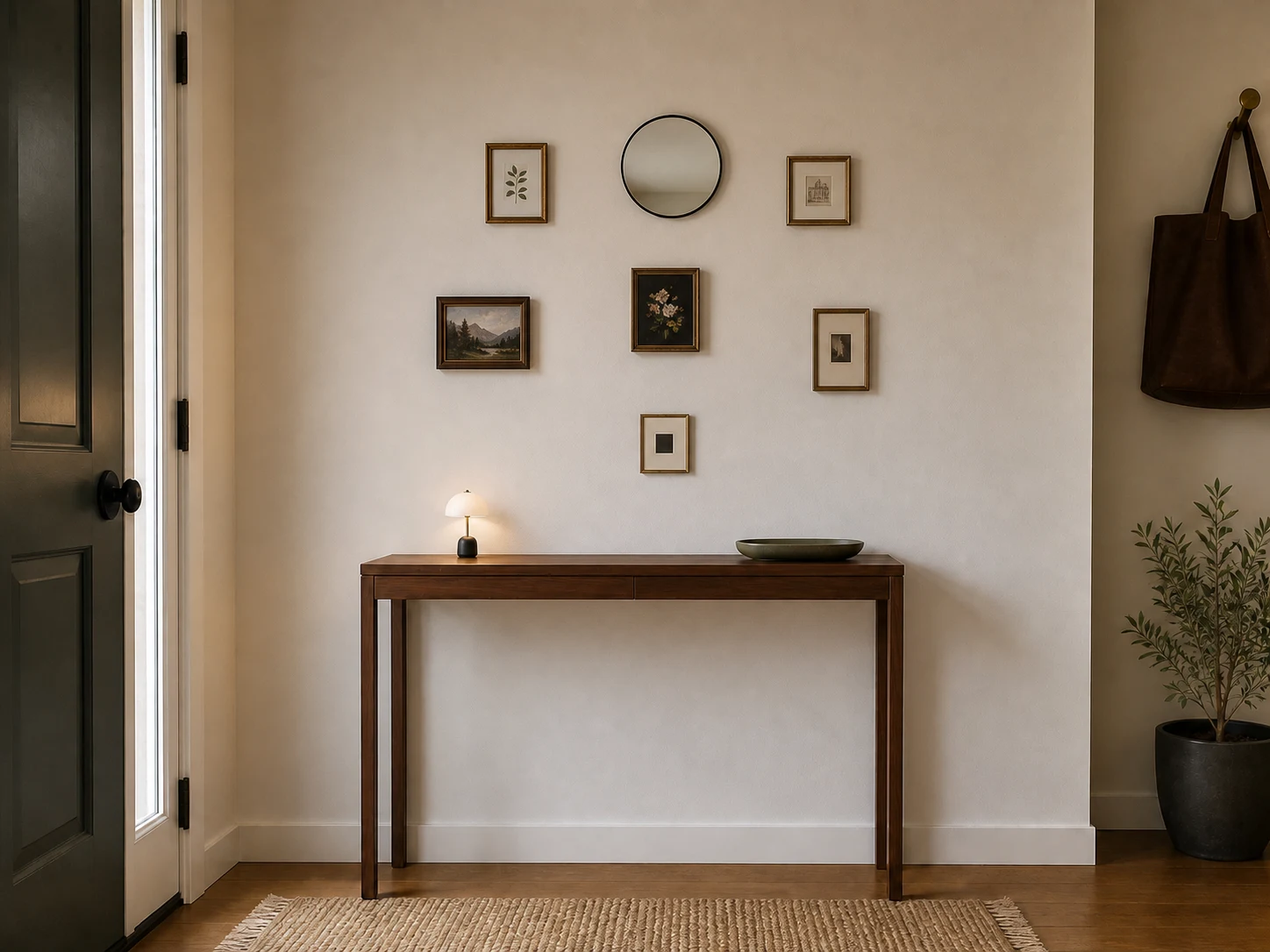 Tiny high mirror surrounded by miniature frames above a console and tiny lamp