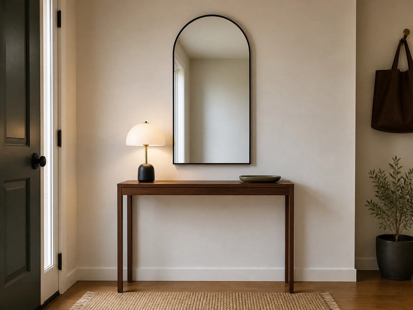 Large thin-frame arched mirror correctly scaled above a narrow console