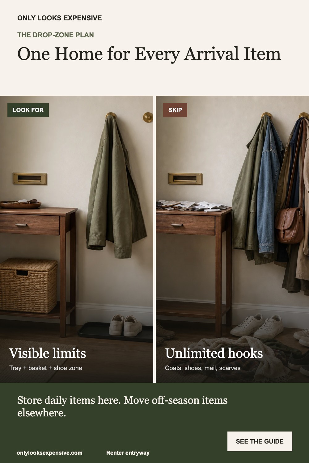 Organized entry drop zone versus overloaded hooks and floor clutter