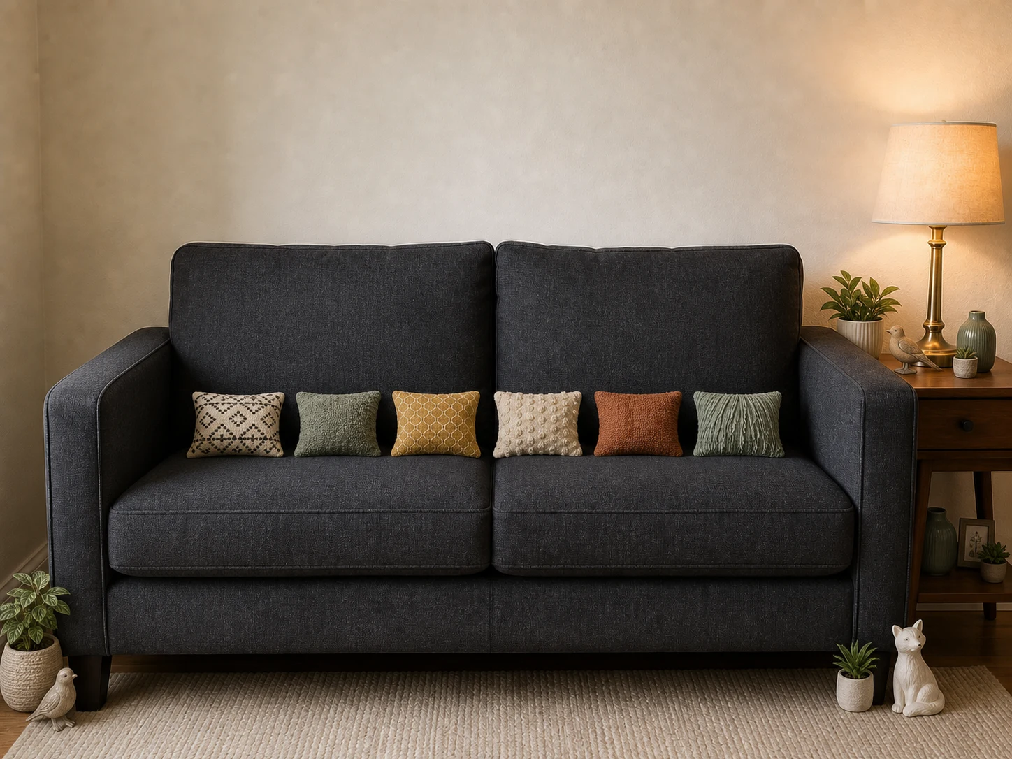 Basic sofa with six tiny mismatched pillows and many miniature decor objects
