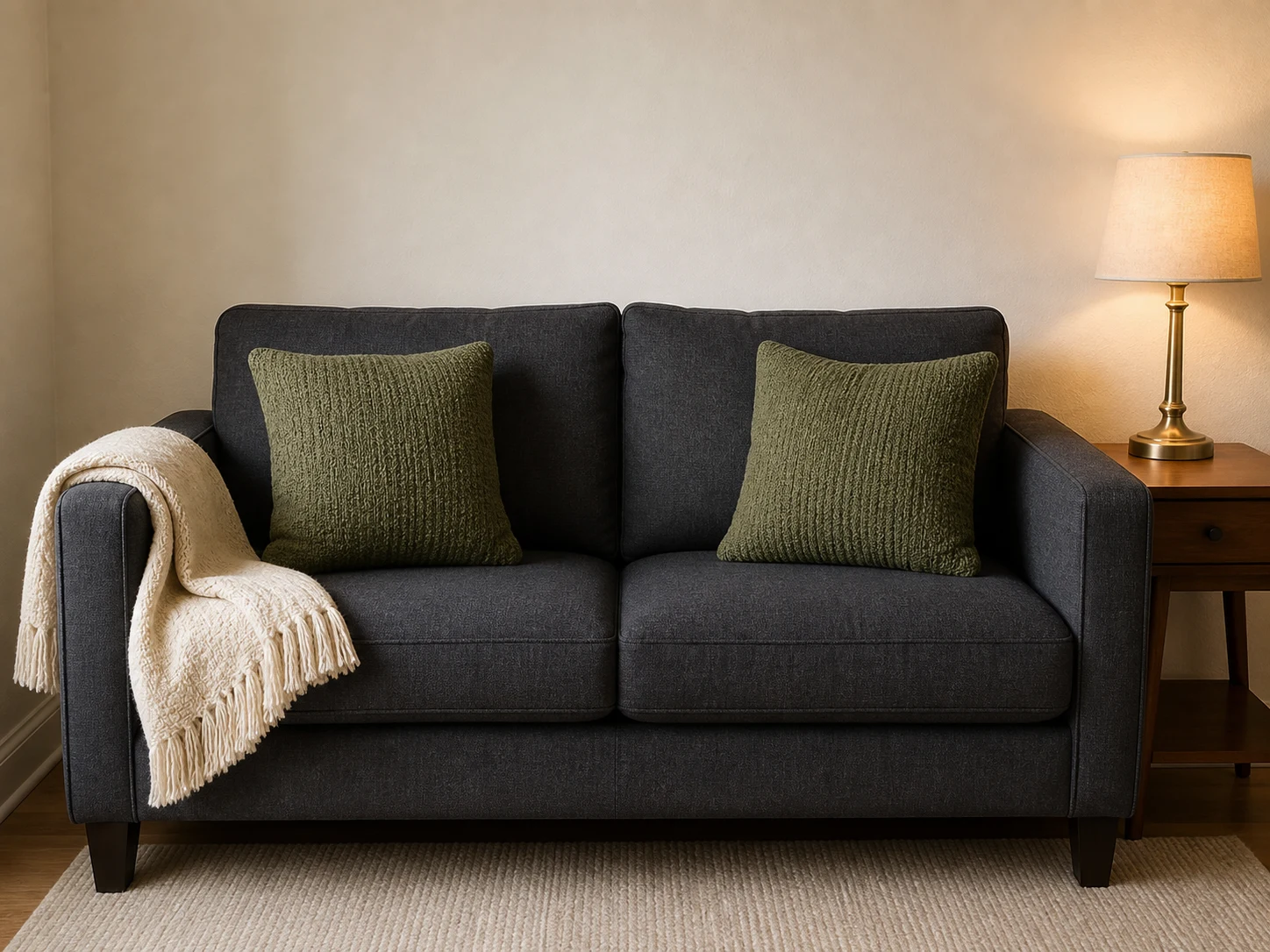 Basic charcoal sofa upgraded with two substantial olive pillows, cream throw, and warm lamp
