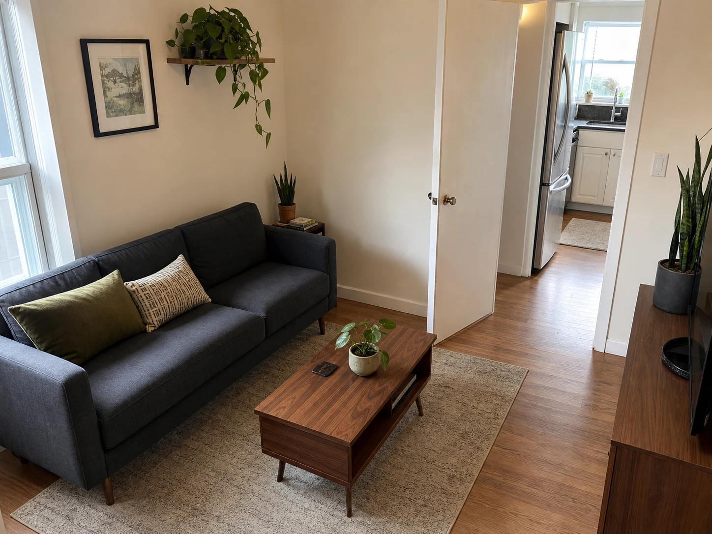 Compact living room with useful sofa-to-table spacing and a broad clear route to the kitchen