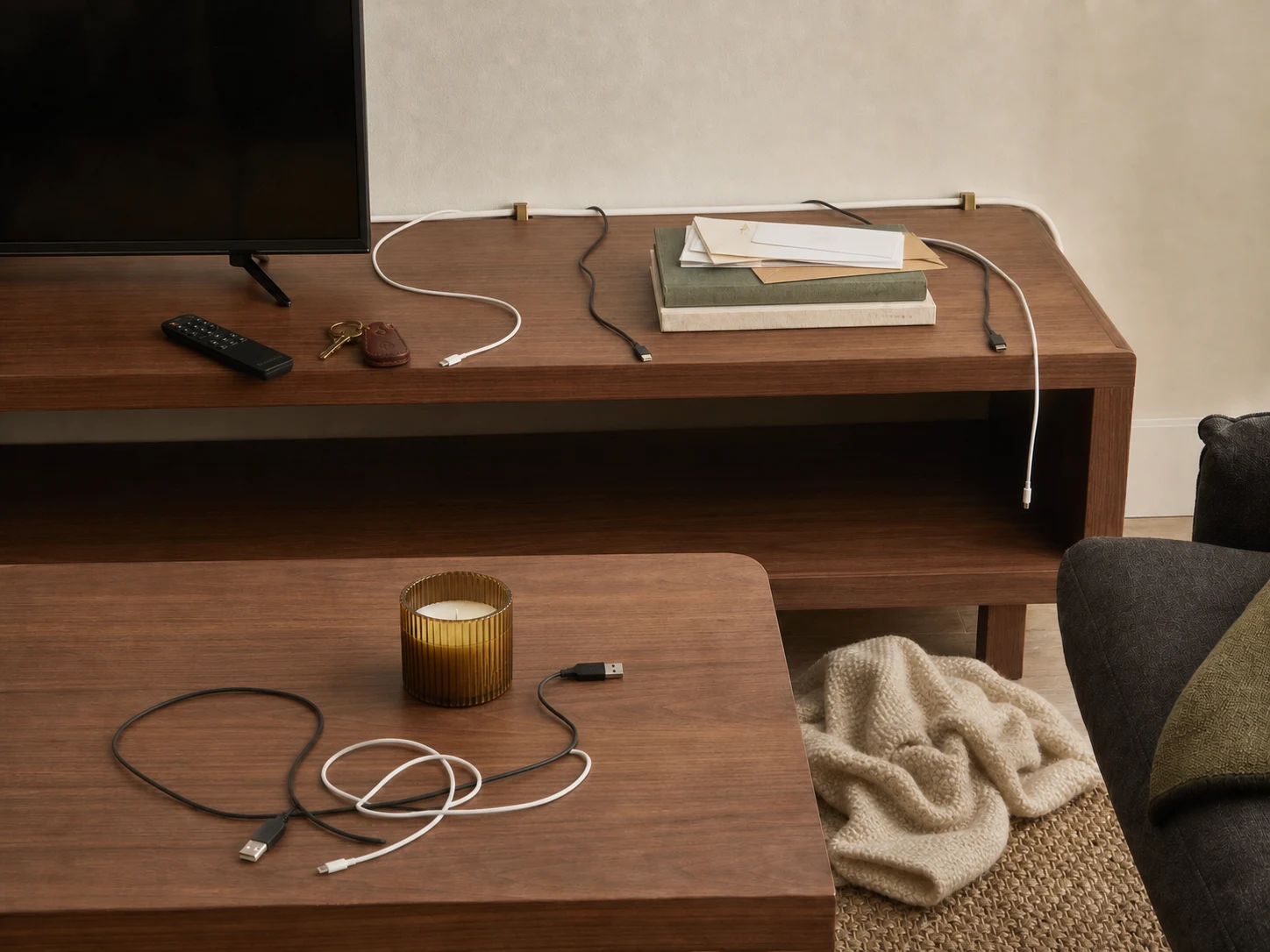 Remotes, keys, mail, cables, candle, and blanket scattered across tables and floor