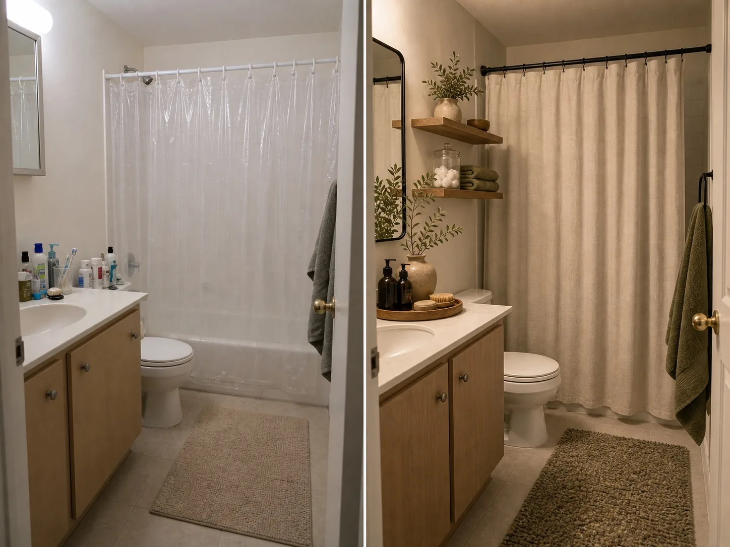 Before and after renter bathroom transformation with fabric curtain, plush rug, towels, vanity tray, and shelves