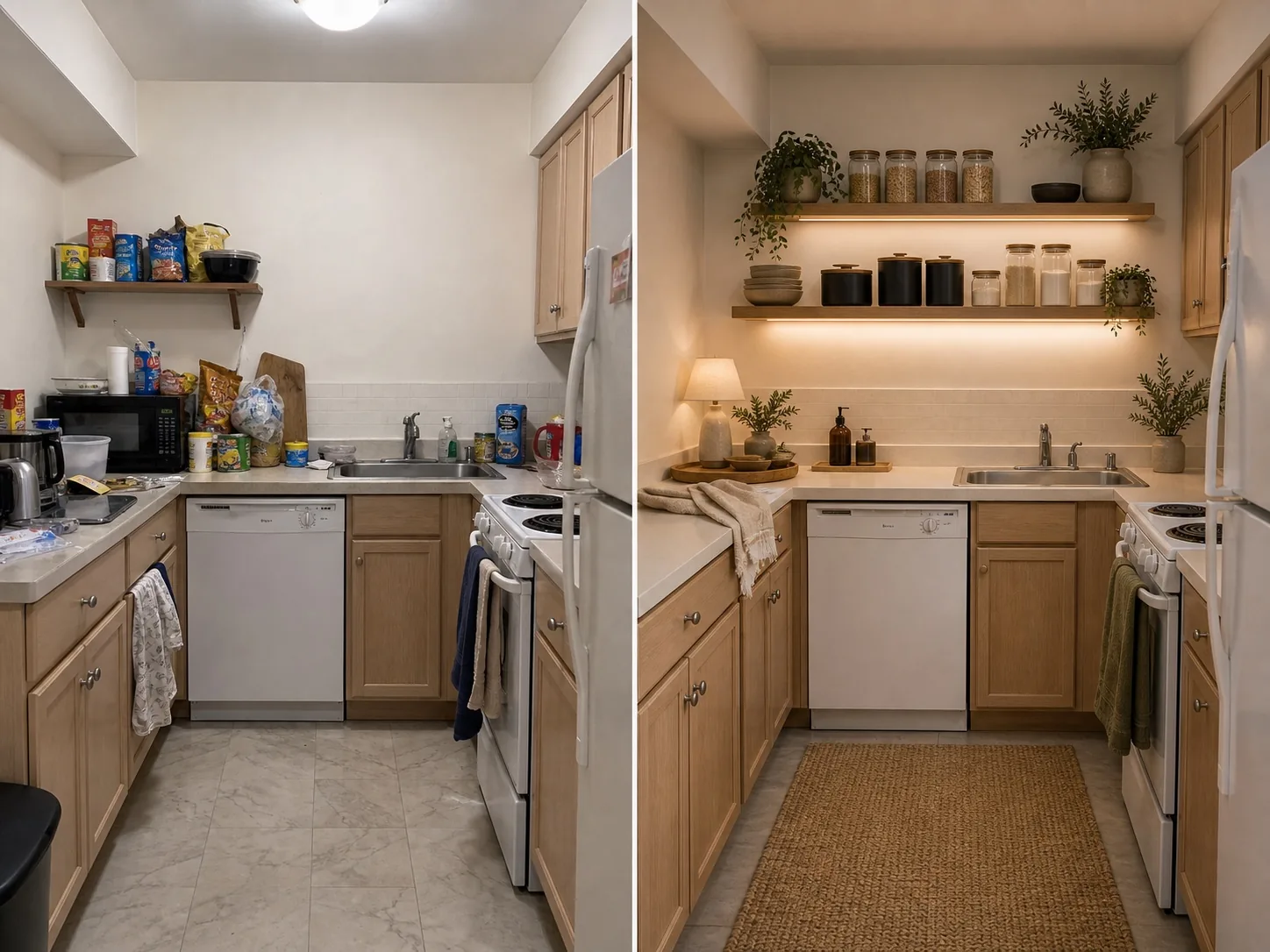 Before and after rental kitchen transformation with glass jars, containers, shelves, towels, and runner rug