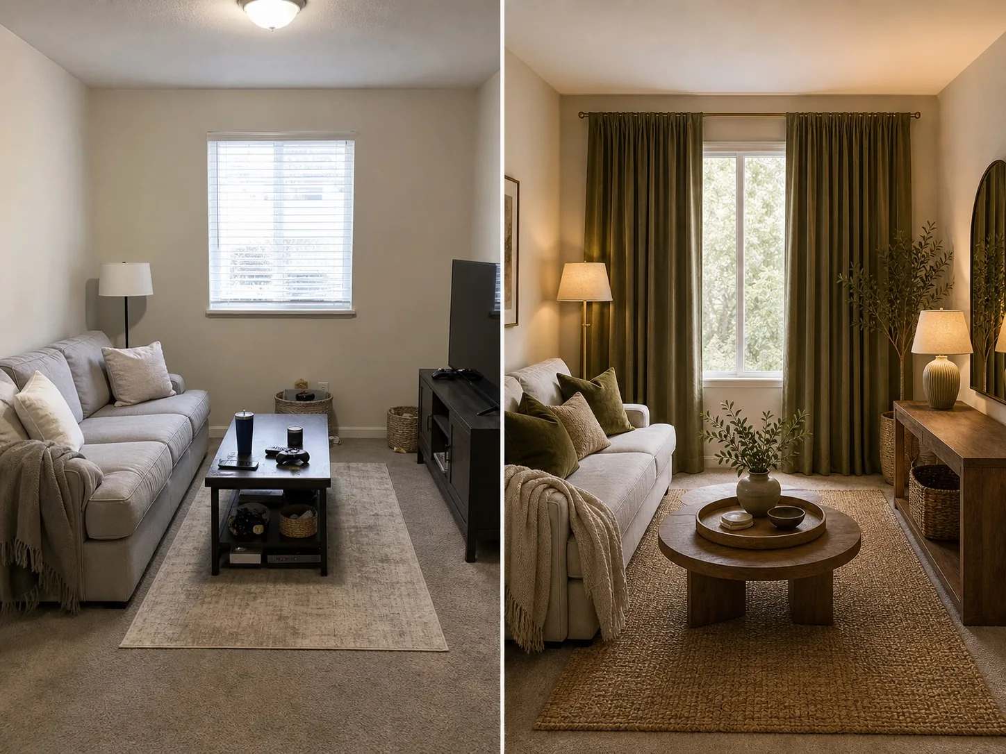 Before and after budget living room transformation with curtains, warm lamps, mirror, pillows, and natural rug