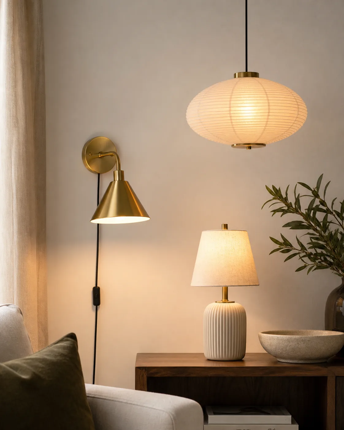 Brass wall sconce, paper pendant, and ribbed table lamp in a neutral apartment corner