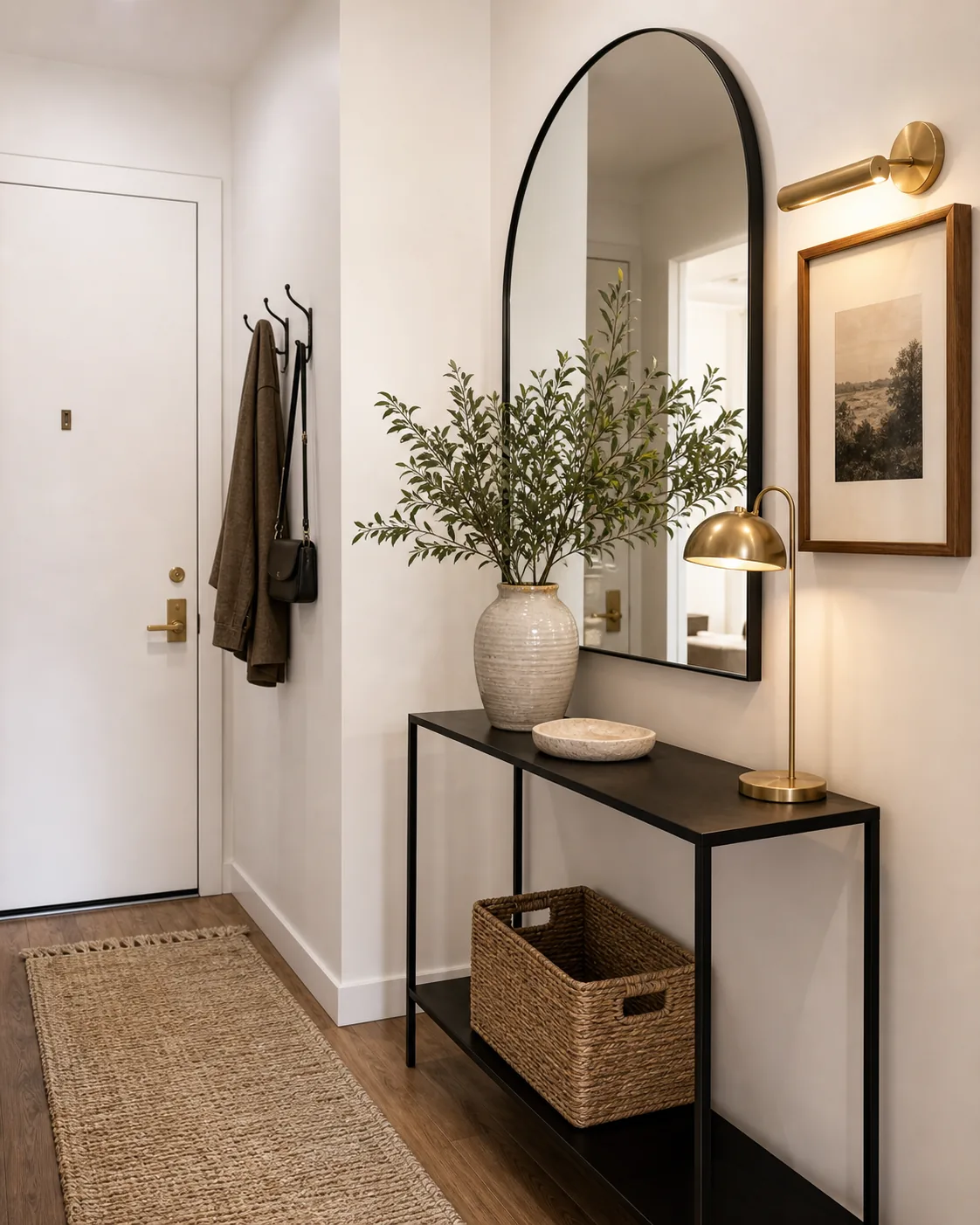 Entryway with large arched mirror and simple console styling