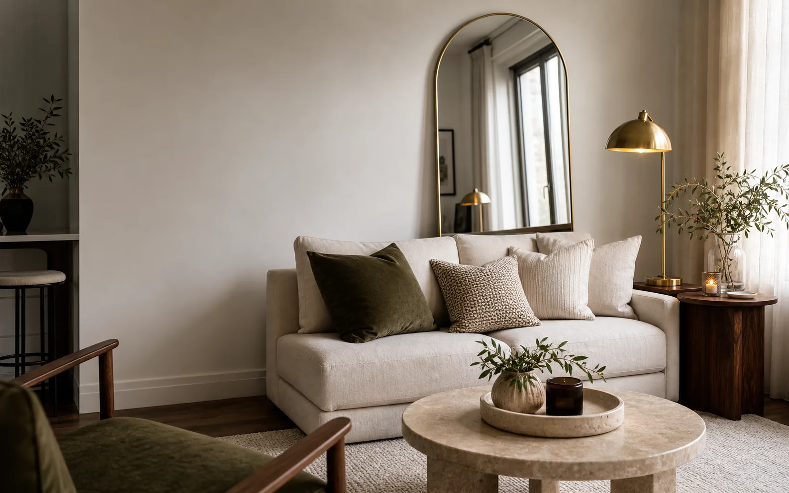 Coffee table with tray, candle, vase, and neutral styling