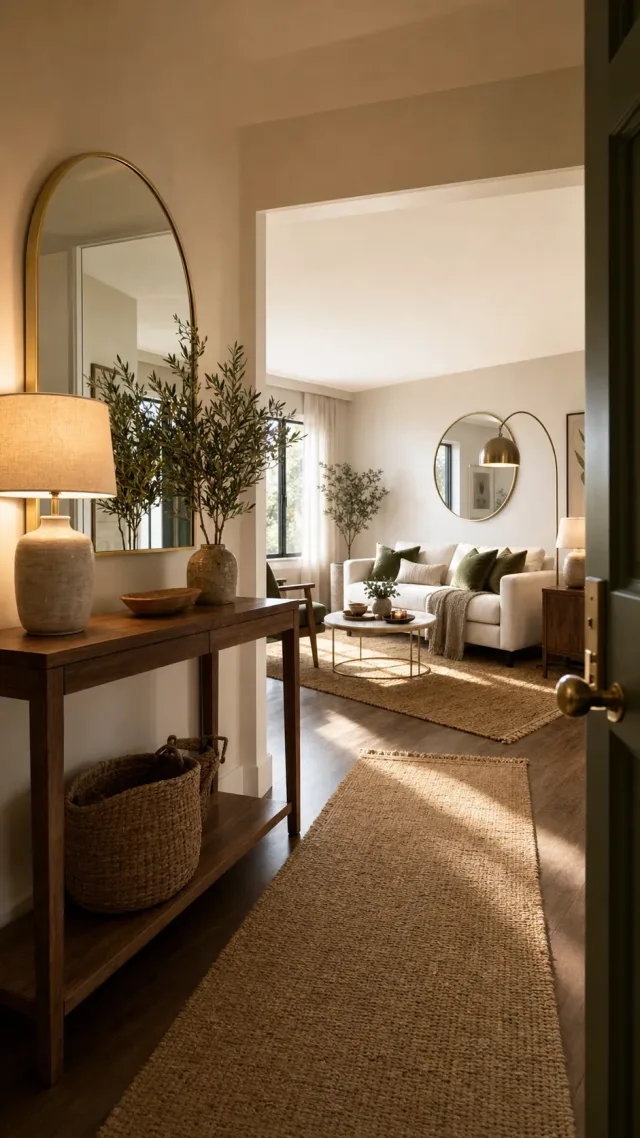 Warm organic modern living room seen from the entryway: arched gold mirror, glowing ceramic lamp, cream sofa with olive pillows, and jute runner
