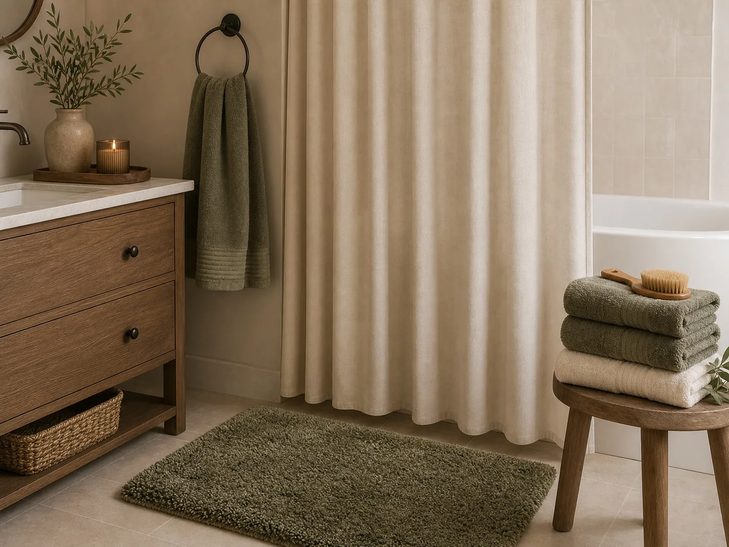 Premium renter bathroom styled with neutral fabric shower curtain, plush rug, towels, and tray